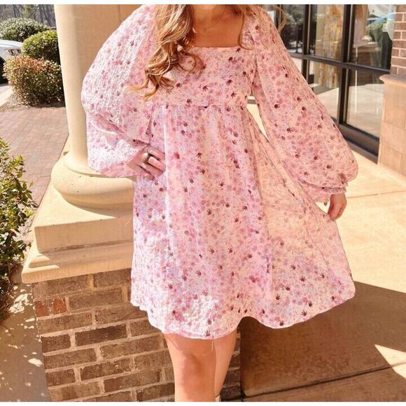 Lucy Paris NWT Pink Maeve Floral Long Sleeve Tie Back Mini Dress Size M - Picture 1 of 6
